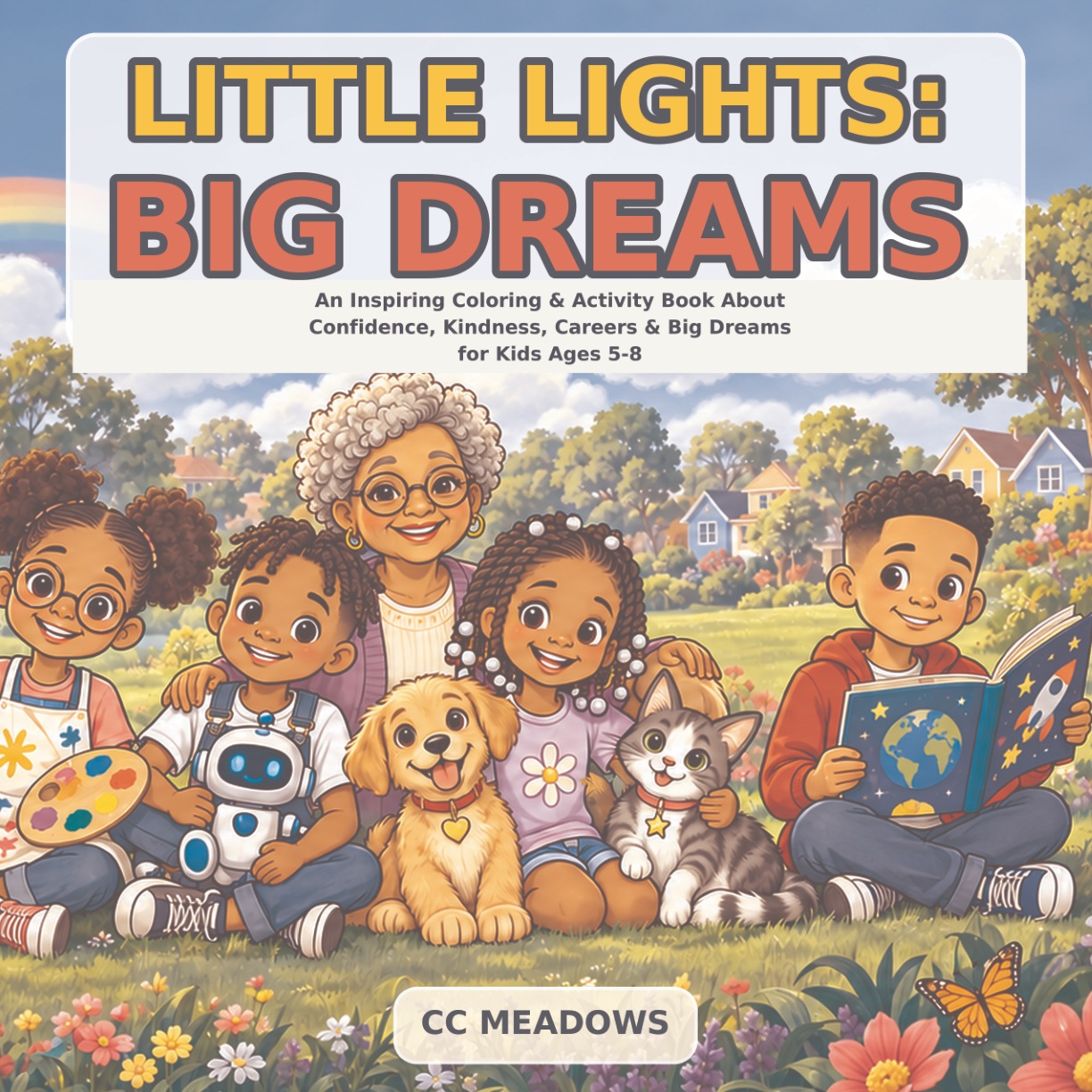 Cover of Little Lights: Big Dreams by CC Meadows, featuring children, Nana Rose, a dog and a cat in a sunny garden.